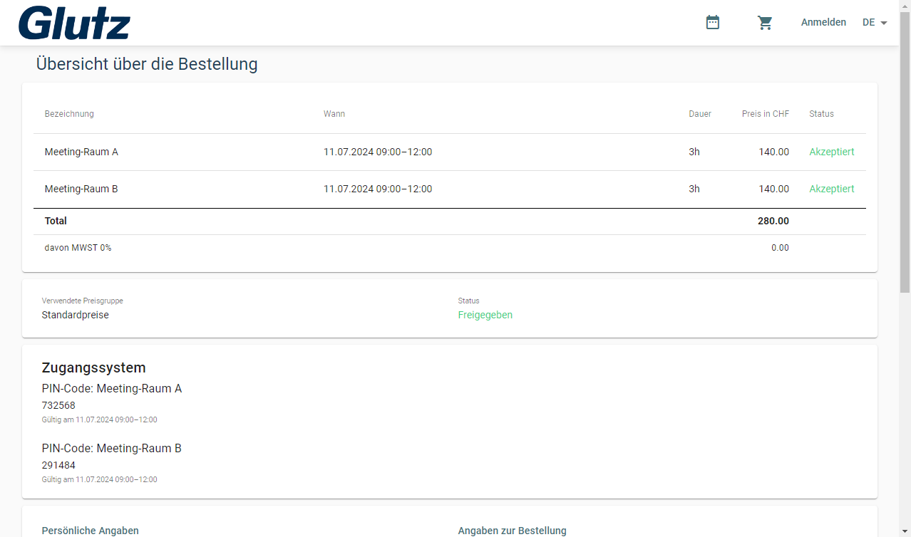 Status-Seite mit PIN-Codes